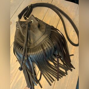 Black Leather Fringe Bucket Bag